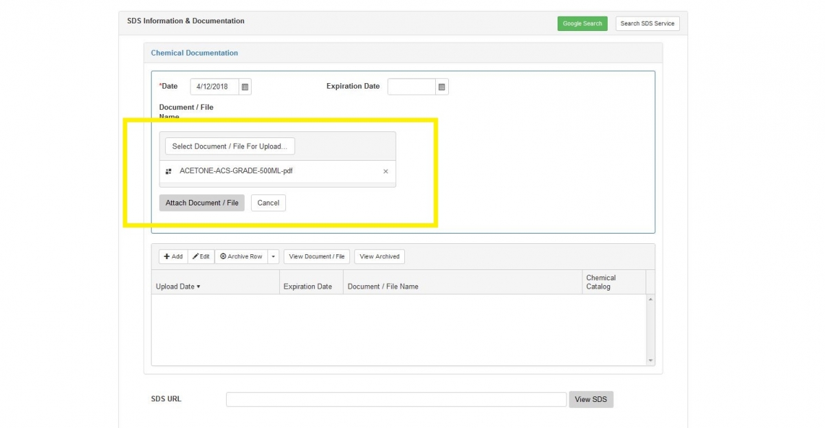 In "SDS Information & Documentation", upload the SDS form of your new chemical (you can request a pdf file from your vendor; a copy of it should be in your shipment box too).