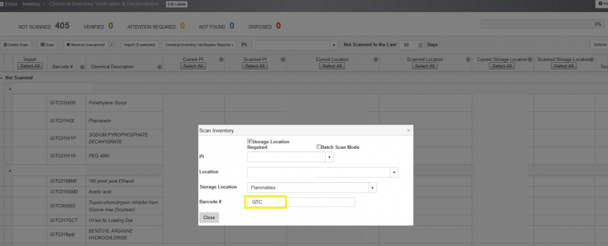 New field pops out - "Barcode #" - enter manually your barcode. Use the GITCxxxxxx sequence. Click "Enter" after each entry. IMPORTANT: system reads only singles, multiple barcode entries at once do not work (via one "enter" click)