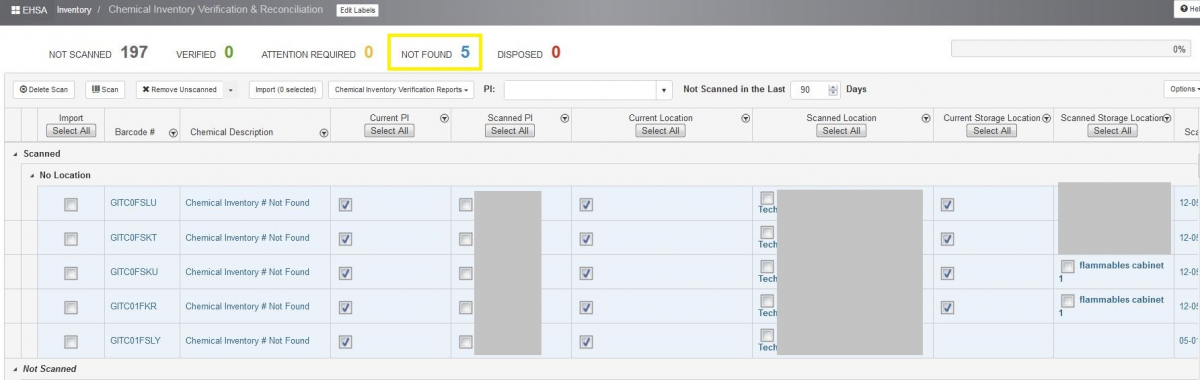 The Not Found chemicals are not found in your chemical inventory. They might be not entered to the system OR your scanner didn’t read the barcode properly (partial barcodes due to fast scanning; please give a second for each scan at least), OR your scanner read the vendor barcode (all GT barcode are the 10 digits barcode, starting from “GITC” and followed by a 6 digits unique barcode).