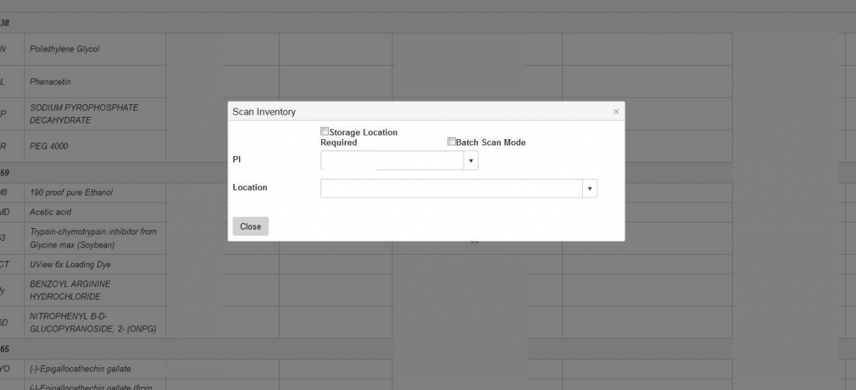 In "Scan Inventory" box, double-check the PI name and choose the location where you would like to start scanning. If you have storage locations, check the small box next to "Storage Location Required" at the top of your "Scan Inventory" box.