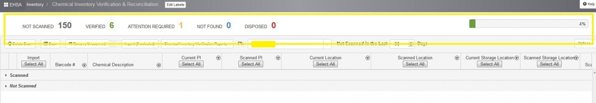 Counter at the top shows you number of containers already scanned ("Verified") through the process, "Not scanned", "Attention required" and "Disposed". Left top bar shows you % of already scanned inventory