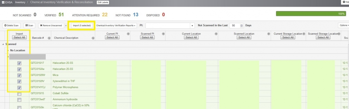 When you are ready to submit your reconciliation report, select your chemicals (first column) and click on "Import". You can do multiple imports during the reconciliation process or import all your inventory at once. Choose the most convenient import option to you.