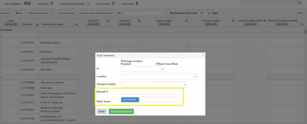 Click in the barcode number field and scan your first item. As soon as you hear the scanner beep, the scanned barcode drops into the “Batch Scans” field.