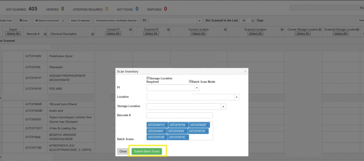 Once you have scanned some items, click on “Submit Batch Scans” (green button at the bottom) to load the scanned items onto the reconciliation page (your overview reconciliation page, main table). The scan inventory box closes, be aware that after each submission, you would need to repeat steps #3-9 if you need to continue scanning the rest of your inventory (items not scanned yet).